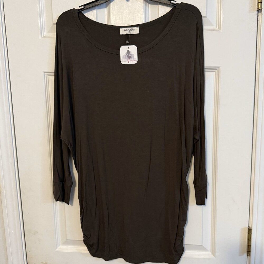 NWT Zenana Top Army Green | Wide Neck | Rouched Bottom | Stretchy | Oversized
